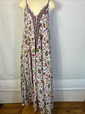 White Waves Boho Floral Maxi Sleeveless Dress With Pockets Size Large/XL